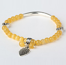 Vackra runda gula Cats Eye och Tibet Silver Tube Heart Leaf Charm Beaded Bracelet
