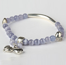 Pretty Round Light Purple Cats Eye and Tibet Silver Tube Heart Charm Beaded Bracelet