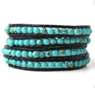 Nice Multilayer 4mm Blue Turquoise Hand Knotted Black Leather Wrap Bracelet