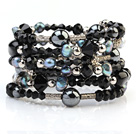 Fashion Multilayer Schwarz Blister Perle und Multi Color Kristall Wired Wrap Armband-Armband mit Silber Farbe Runde Perlen