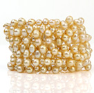 Mode Multilayer 5 - 6mm Natural Golden Freshwater Pearl Wired Wrap Beaded Bangle Armband