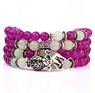Lovely Multilayer Round Rose And White Candy Jade Stretch Bangle Bracelet With Tibet Silver Elephant Charms