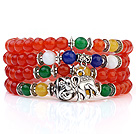 Härlig Multilayer Runda Orange Och Färgglada Candy Jade Stretch ARMRING armband med Tibet Silver Elephant Charms