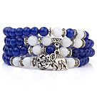 Schöne Multilayer Runde Deep Blue Jade Süßigkeit und weißes Porzellan Perlen Stretch Armband-Armband mit Tibet Silber Elefant Charms