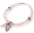 Schöne facettierte ringsum Rosenquarz Perlen -Armband mit Tibet Silber Rohr Herz und Blatt Charm Zubehör