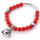Härlig 7mm Round Red Coral pärlstav armband med Tibet Silver Tube Hjärta och Lucky Bag Charms