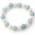 Elegant Natural White Ferskvann Pearl And Round Amazon Stone perler elastisk armbånd