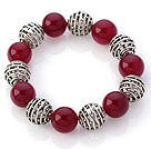 Fantastic 14mm Round Rose Agate And Hollow Tibet Silver Ball Elastic Beaded Bracelet