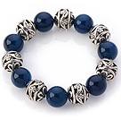 Fantastic 14mm Round Blue Agate And Hollow Tibet Silver Ball Elastic Beaded Bracelet