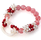New Design Cluster White Freshwater Pearl And Round Bloodstone And Facted Round Cherry Quartz Hollow White Shell Connected Stretch Bracelet