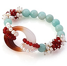 New Design Cluster White Pearl Round Red Agate And Amazon Hollow Agate Link Stretch Bracelet
