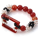 Nouveau Design Groupe White Pearl facettes rond noir rouge et creux Rectangle Agate Lien Connexion bracelet élastique