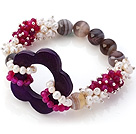 New Design Cluster White Pearl Round Rose Persia And Hollow Purple Agate Flower Link Connection Elastic Bracelet