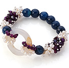 Nouveau Design Groupe White Pearl And Round Bleu Violet facettes et creux agate blanche Lien Connexion bracelet élastique