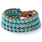 Pretty Hand-Knotted Multilayer 6mm Round Blue Turquoise Brown Leather Wrap Bracelet