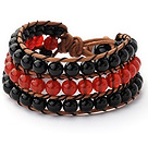 Αρκετά χέρι - κόμπους απανωτών 6mm Στρογγυλή Α Βαθμού κόκκινο και μαύρο Agate Brown Leather Wrap Bracelet