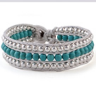 Fashion 4mm Hand-Knotted Multilayer Round Blue Turquoise And Silver Beads Leather Wrap Bracelet