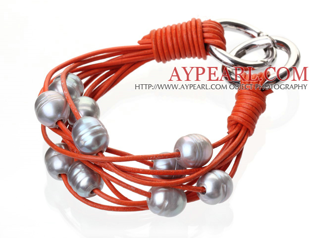 Мода Многослойные 10-11mm естественное пресноводное жемчужно-серый и оранжевый кожаный браслет с двойной кольцевой застежкой