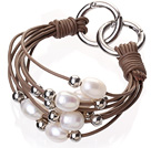 Fashion Multilayer 10-11mm Natural White Freshwater Pearl Silver Round Beads And Brown Leather Bracelet With Double-Ring Clasp