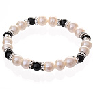 Mode Natural White Freshwater Pearl And Round svart agat pärlstav Elastisk armband med Silver Rhinestone Charms
