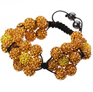 Popular Yellow Series Round Polymer Clay Rhinestone Five Combination Flowers And Braided Black Drawstring Bracelet