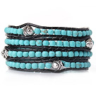 Popular Style Multi Strands Blue Turquoise Beads Bracelet with Black Leather and Skull