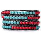 Popular Style Multi Strands Round Blue Turquoise Red Coral Beaded Bracelet with Leather