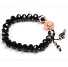 Simple Hand-Painted Agate Black Crystal Beads Stretch / Elastic Bracelet With Golden Rose Color Hollow Charm