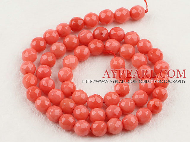 Coral Beads, Pink, 7mm round faceted, Sold per 15.7-inch strand