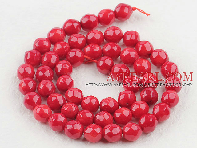 Coral Beads, Red, 8mm round faceted, Sold per 15.7-inch strand