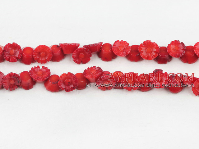 coral beads,5*9mm,carved with morning glory,red,Sold per 15.75-inch strands