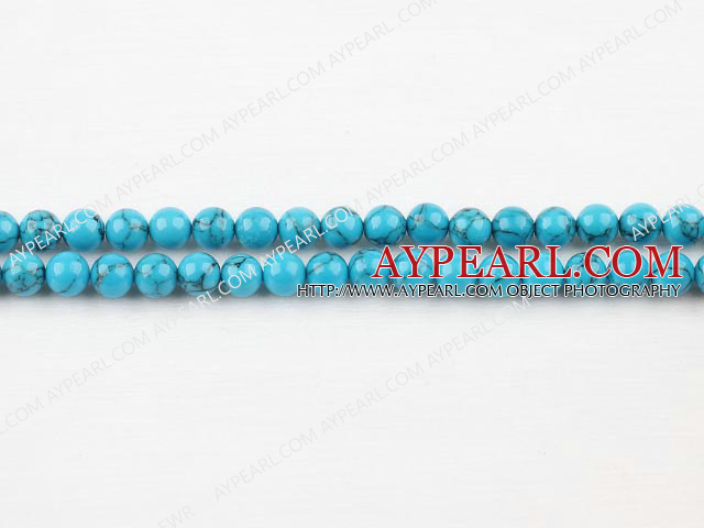 turquoise beads,6mm round ,with black veins, blue , sold per 15.75-inch strand