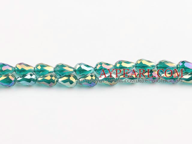 Manmade Crystal Beads, Peacock Green, 8*12mm plating color, straight hole, drop shape, Sold per 28.74-inch strand