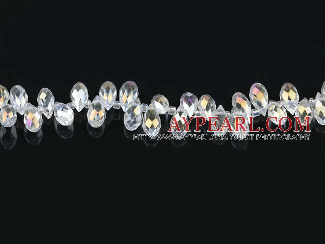 Manmade Crystal Beads, White, 6*12mm partial hole, drop shape, 16.1-inch strand