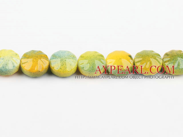 Porcelain Beads, Yellow, 15*22mm flat round, hot wheel shape, Sold per 14.17-inch strand