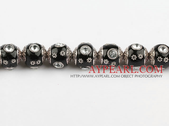 bali beads,18mm,black with Rhinestone ,Sold per 14.17-inch strands