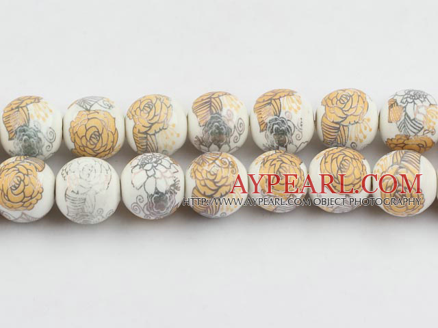 Porcelain Bead, Colorful, 14mm stamped flower, Sold per 15-inch strand