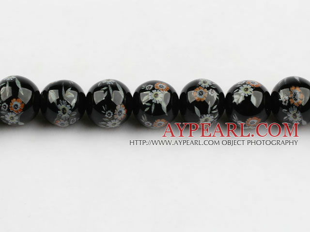 Porcelain Bead, Black, 16mm stamped flower, Sold per 15-inch strand