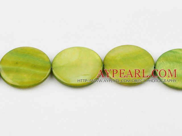 Shell Beads, Yellowish Green, 30mm dyed round, Sold per 15-inch strand