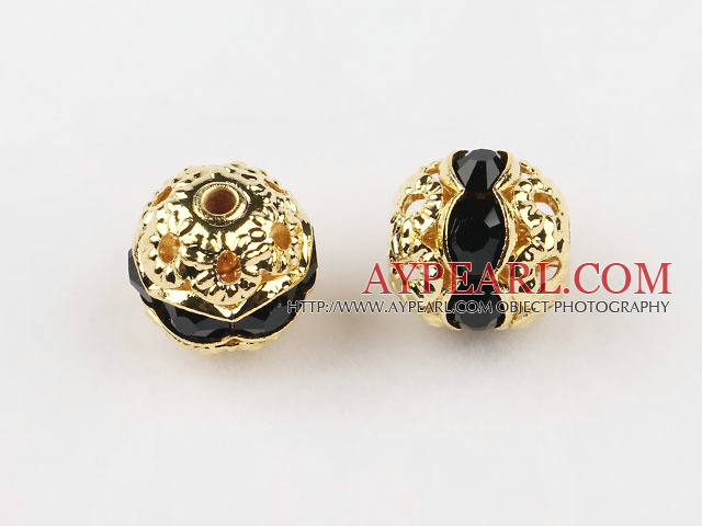 Round Rhinestone,8mm,black,with the golden flower cap,Sold per Pkg of 100