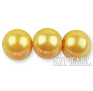 Glass pearl beads,14mm round,yellow, about 62pcs/strand, Sold per 32-inch strand