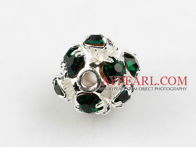 Rhinestone round beads,6mm,silver, dark green. Sold per pkg of 100