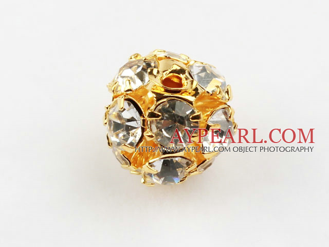 Rhinestone round beads, 8mm, golden-plated, clear. Sold per pkg of 100.