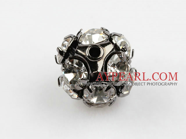 Rhinestone round beads, 12mm, black-plated, clear. Sold per pkg of 100.