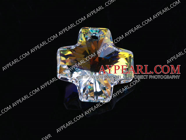 Austrain crystal pendants, AB color, 20mm cross shape. Sold per pkg of 2.