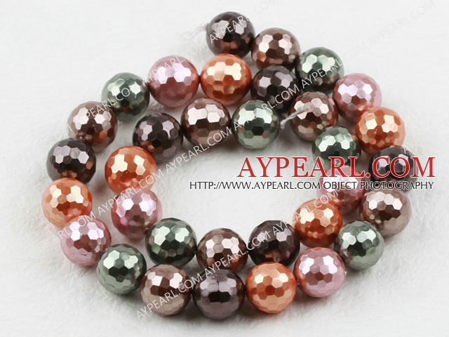 Sea shell beads, multi color, 12mm faceted round. Sold per 15.16-inch strand.