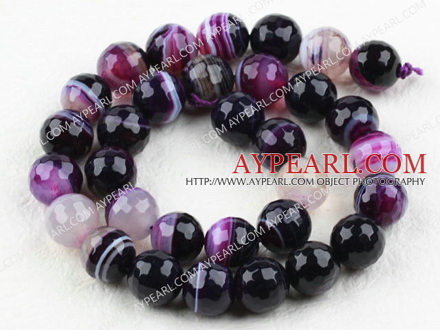 Agate gemstone beads, purple, 12mm streaked faceted round. Sold per 15.16-inch strand.