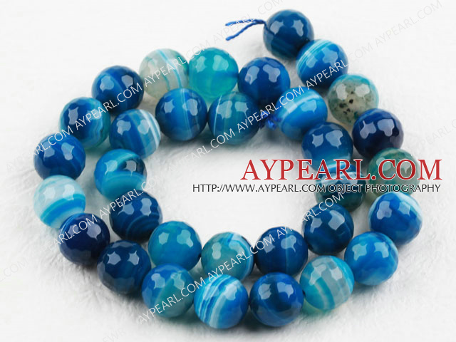 Agate gemstone beads, blue, 12mm streaked faceted round. Sold per 15.16-inch strand.