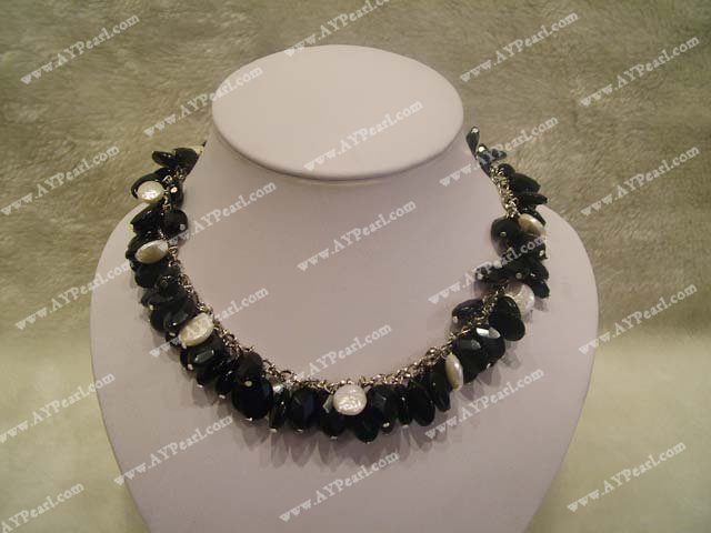 black agates white coin pearls necklace